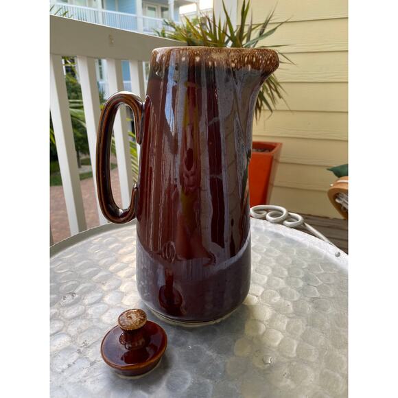Vintage Hall Pottery Pitcher Coffee Pot Brown Drip Glaze With Lid - Picture 6 of 10